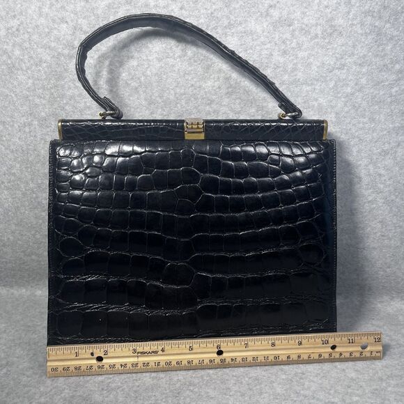 Vintage Crocodile Embossed Leather Top Handle Bag Womens Purse 60s Retro USA‎ - Picture 10 of 16